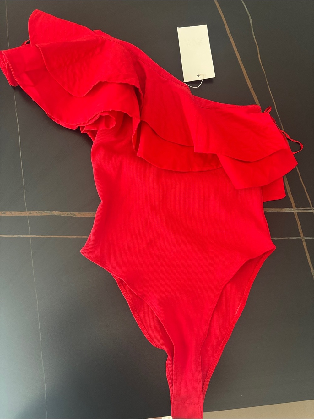 Zara Red One-Shoulder Ruffle Bodysuit